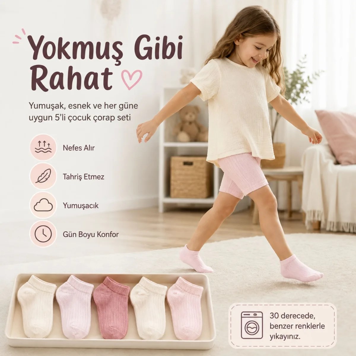5'li Fitilli Kız Çocuk Çorap Seti Pamuklu Rahat Burunlu Sıkmayan Bilek Pastel Renkli