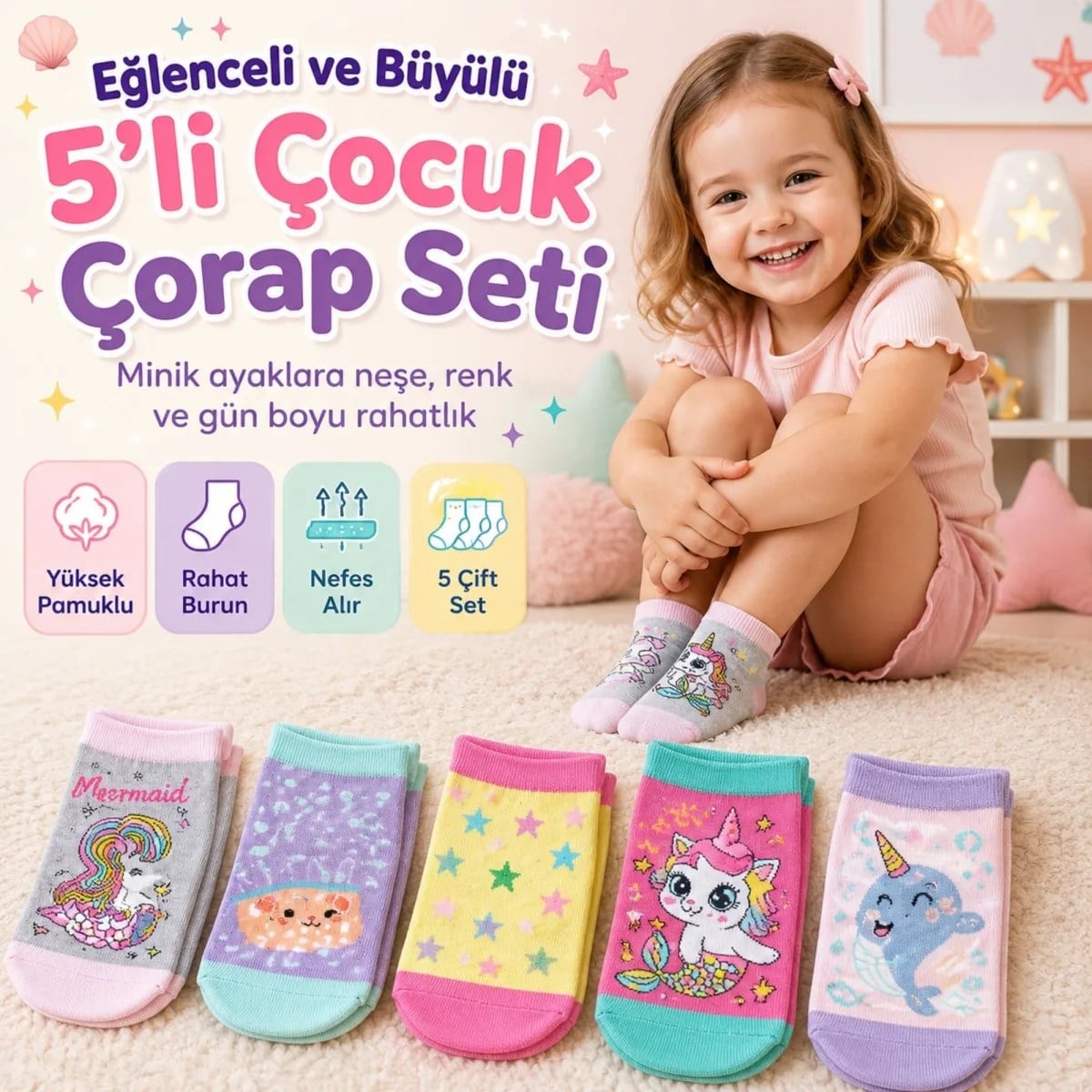 5'li Kız Çocuk Çorap Seti Deniz Kızı Unicorn Desenli Pamuklu Rahat Burunlu Renkli