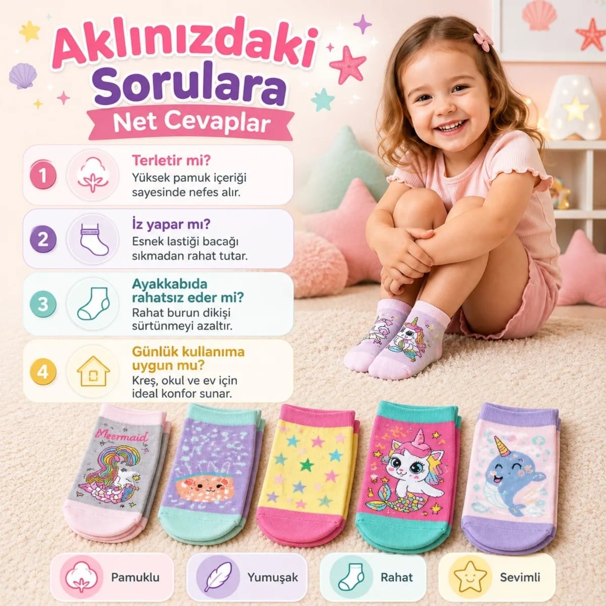 5'li Kız Çocuk Çorap Seti Deniz Kızı Unicorn Desenli Pamuklu Rahat Burunlu Renkli