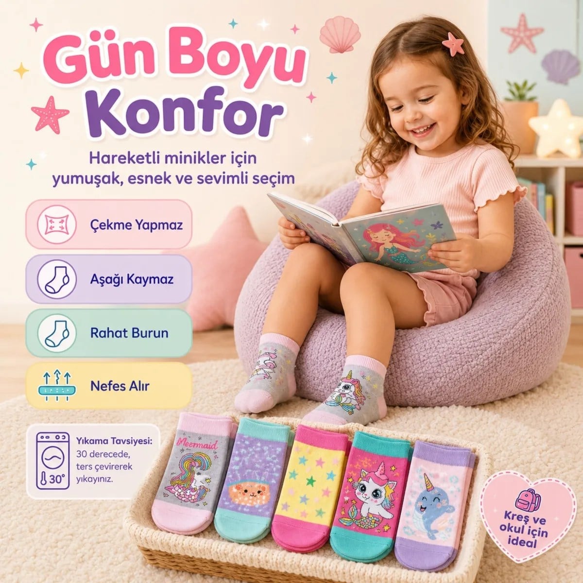 5'li Kız Çocuk Çorap Seti Deniz Kızı Unicorn Desenli Pamuklu Rahat Burunlu Renkli