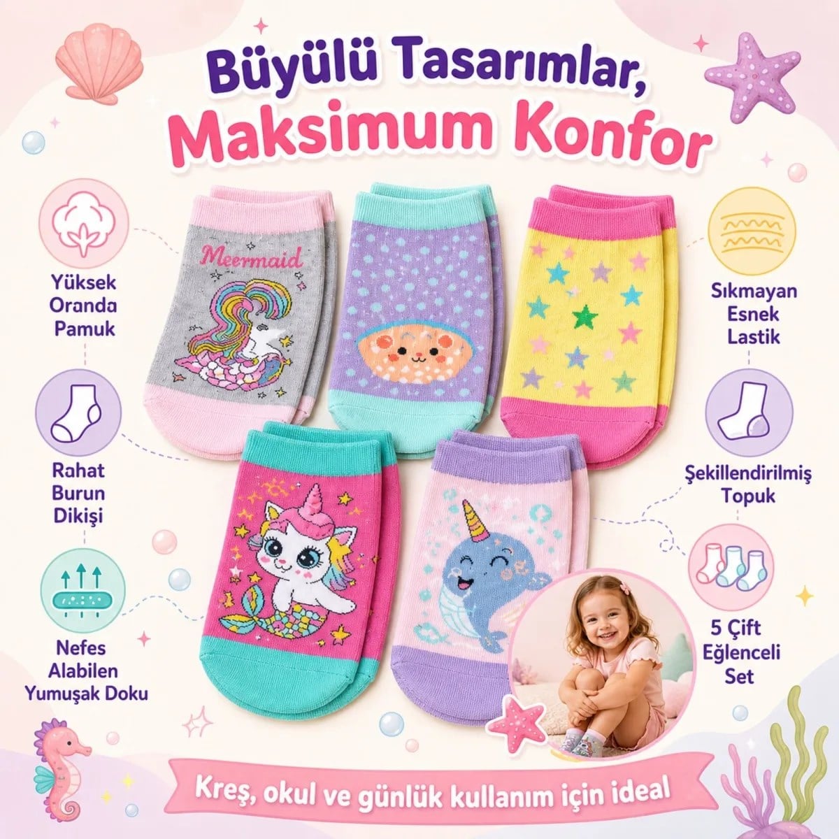 5'li Kız Çocuk Çorap Seti Deniz Kızı Unicorn Desenli Pamuklu Rahat Burunlu Renkli
