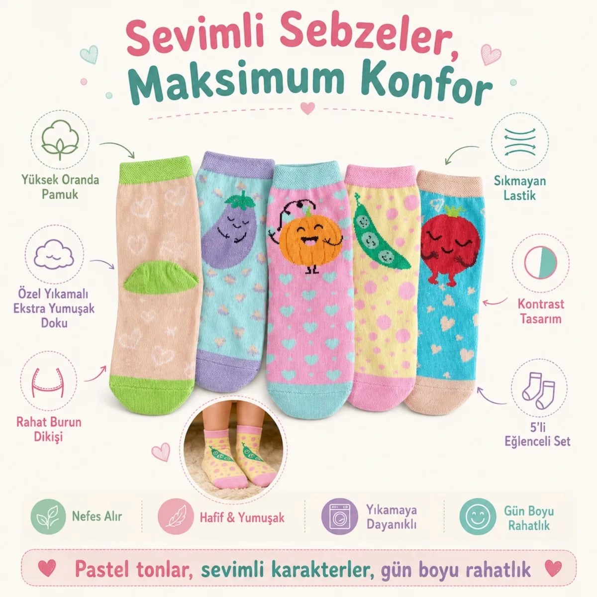 5'li Sebze Desenli Çocuk Çorap Seti Yüksek Pamuklu Rahat Burunlu Sıkmayan Lastikli