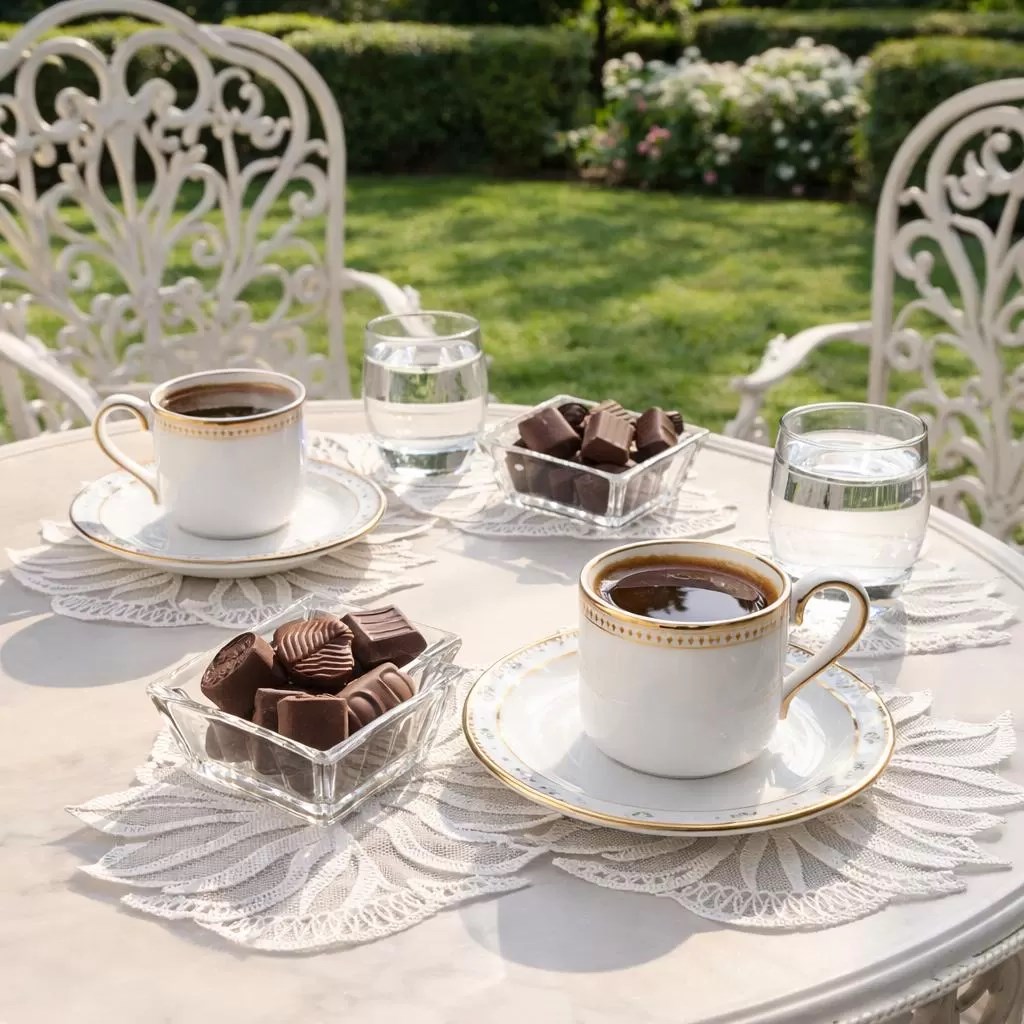 6 lı Dantel Kahve Sunumluğu 15x15 cm Asorti Desenli Çeyizlik Kahve Seti