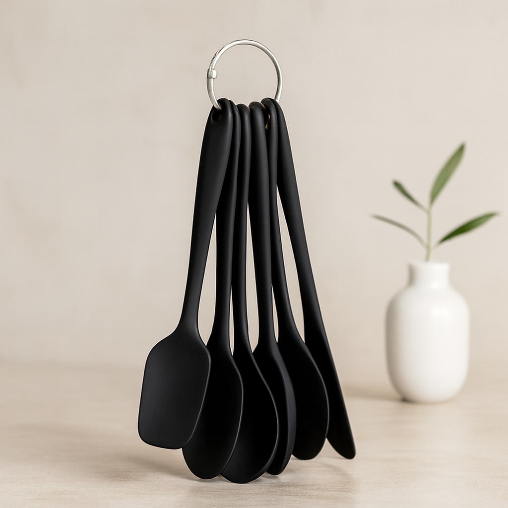 6 Parça Siyah Silikon Mutfak Seti (2 Kaşık, 3 Spatula, Yumurta Fırça)