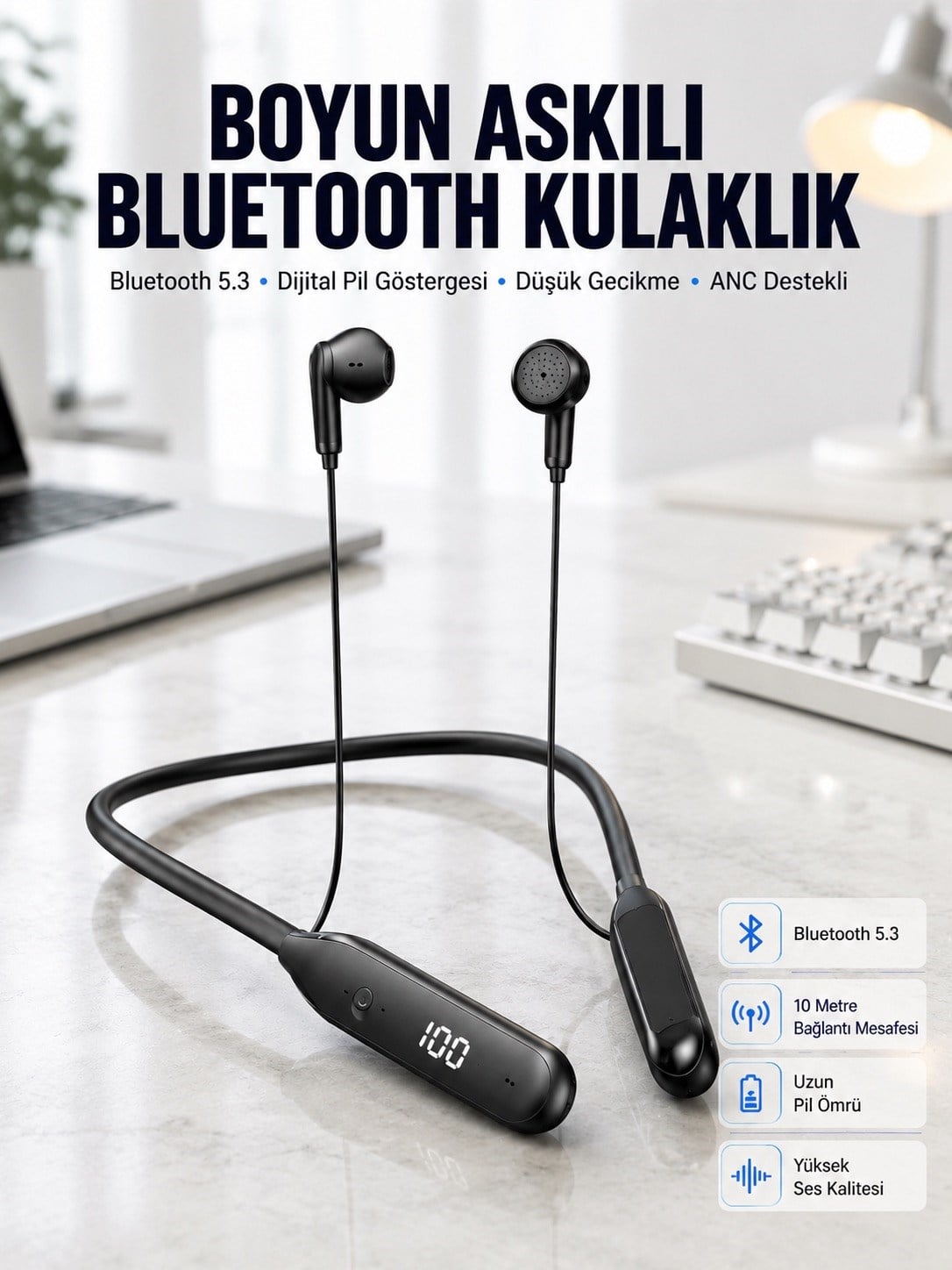 60 Saat Kablolu Boyun Askılı Dijital Göstergeli Bluetooth Kulaklığı Yeni Nesil