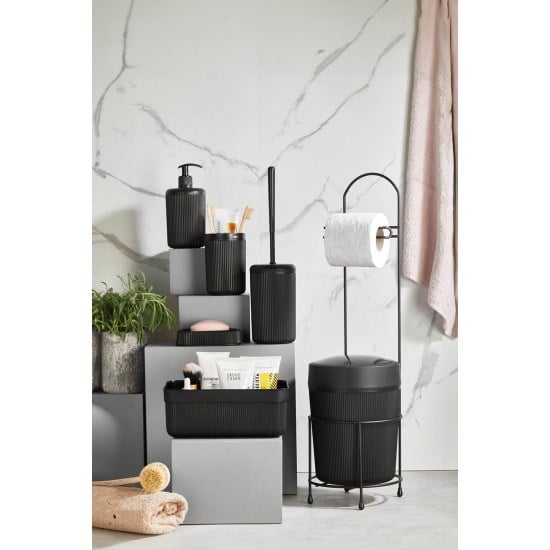 7 Parça Siyah Banyo Seti Metal Stantlı Kovalı Wc Kağıtlık Kozmetik Kutusu Diş Fırçalık Ve Sabunlukla