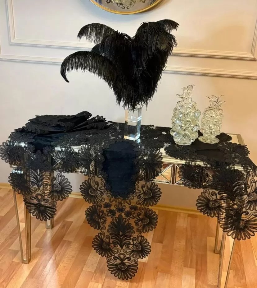 7 Parça Siyah Çeyizlik Palmiye Model Keten Runner Seti Masa Örtüsü Salon Takımı