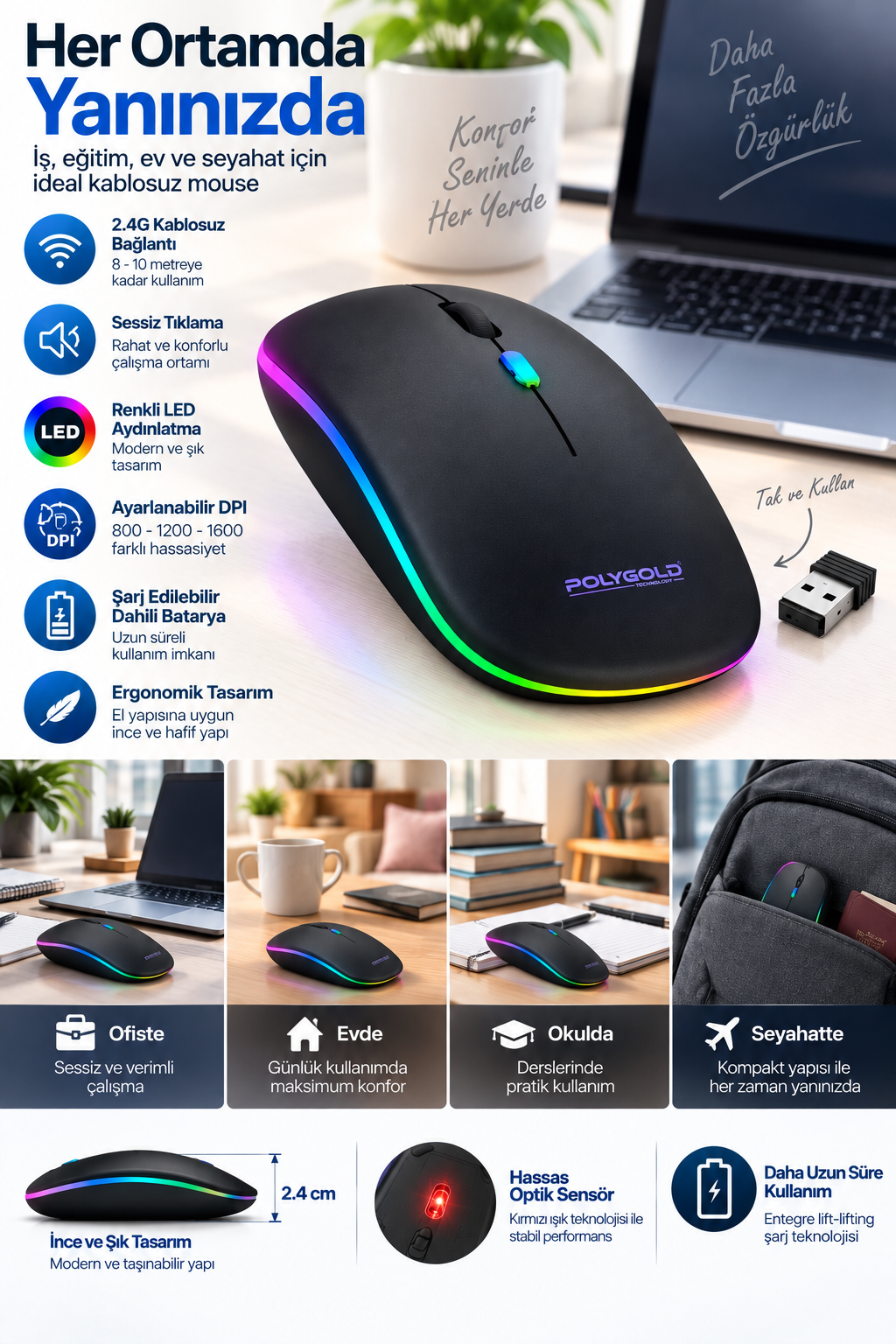 8 10 Metre Menzilli Şarj Edilebilir Kablosuz Mouse