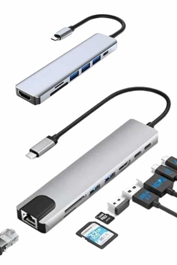 8 Port Çoklayıcı Macbook Ile Uyumlu Çoğaltıcı Type-C dönüştürücü TF SD kart