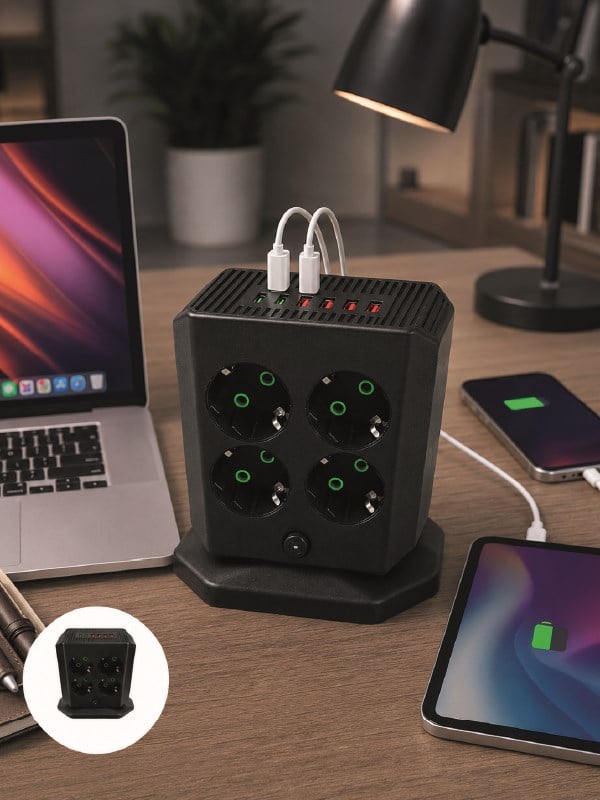 8'li Dikey Çoklu Priz 4 USB 2 Type-C Girişli Akım Korumalı Uzatma Prizi