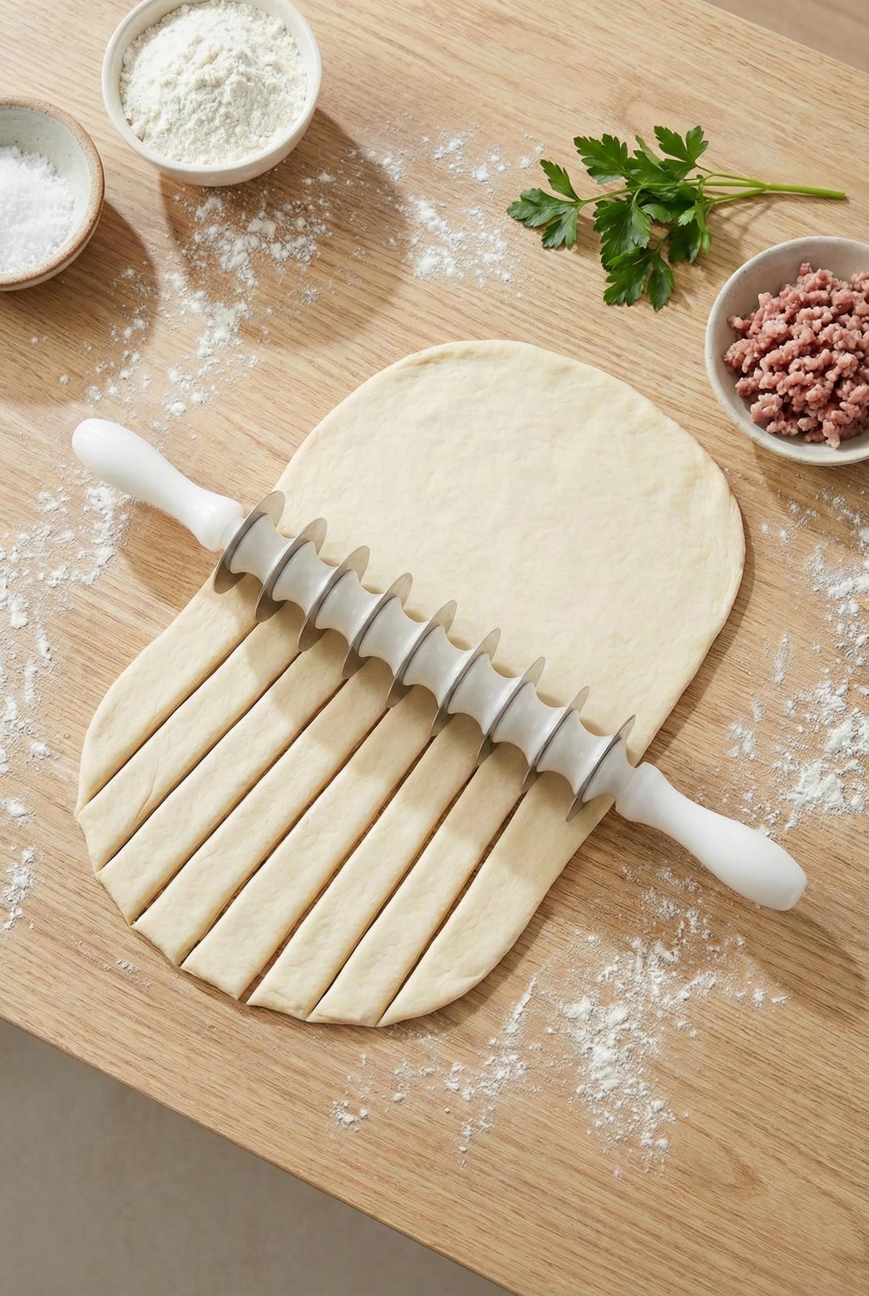 9 Bıçaklı Paslanmaz Çelik Mantı Merdanesi & Pratik Hamur Kesme Aparatı (43 cm)
