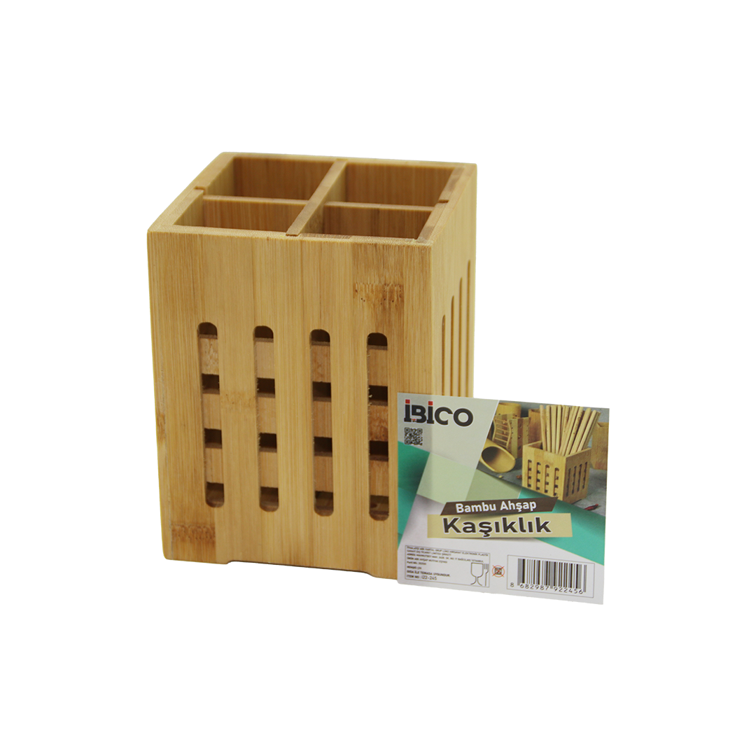 Ahşap Bambu 4 Bölmeli Kaşıklık Organizer (11x11 cm, Pencereli)