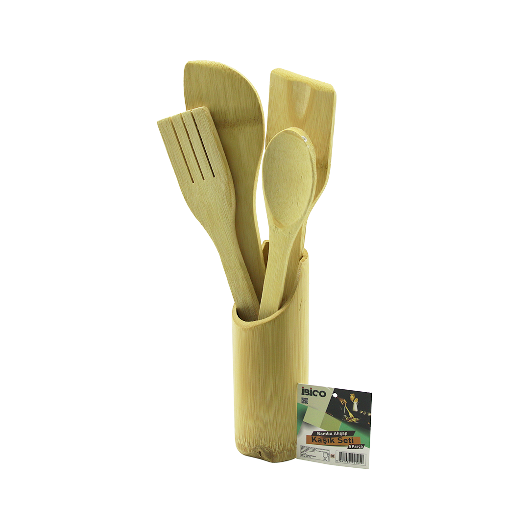 Ahşap Bambu Mutfak Servis Seti 5 Parça (Kaşık, Çatal, 2 Spatula, Stand) 27.5/30 cm