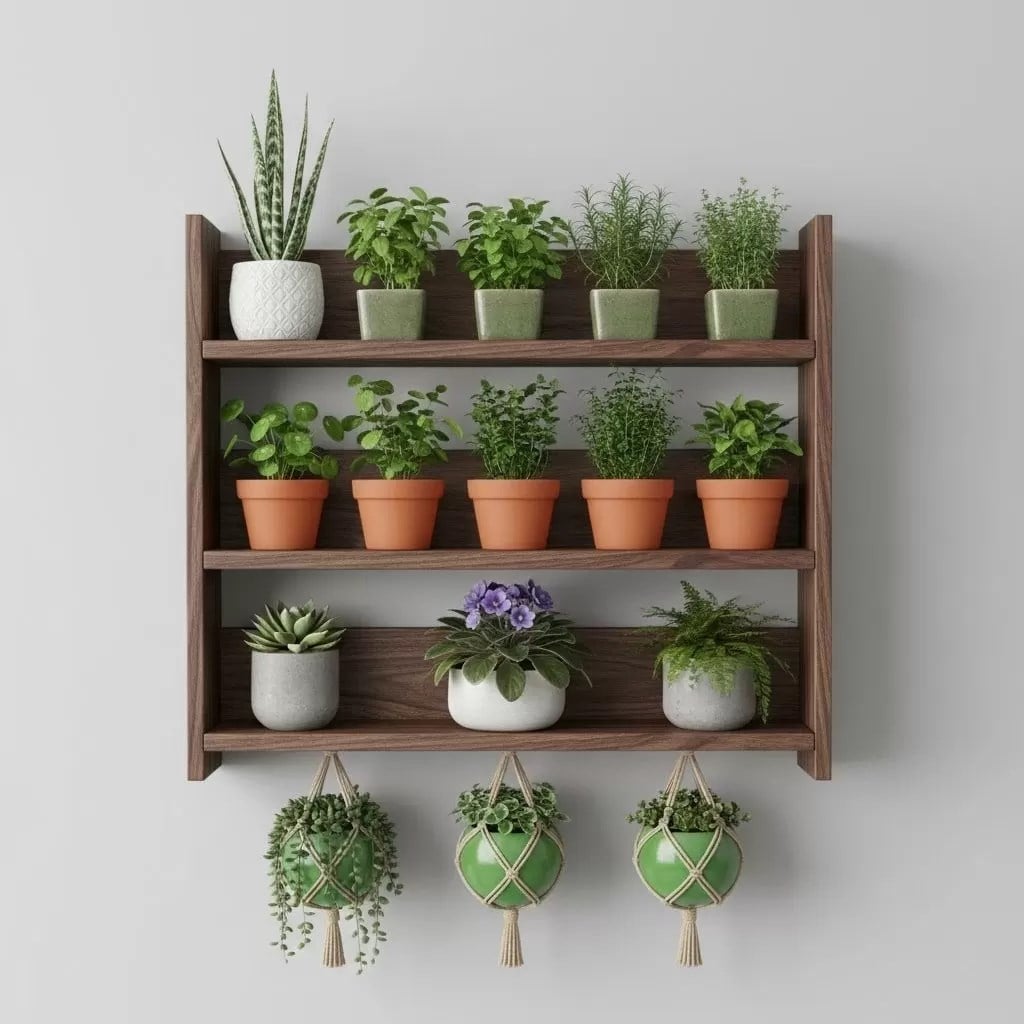 Ahşap Duvar Rafı - 3 Katlı Çok Amaçlı Mutfak ve Balkon Rafı - Saksılık - 50X50 cm
