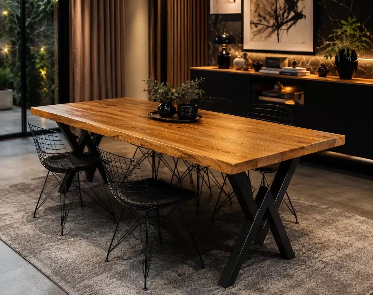 Ahşap Masif Ağaç Doğal Çalışma Masası Demir Iskelet Ofis Masası 100 x 200