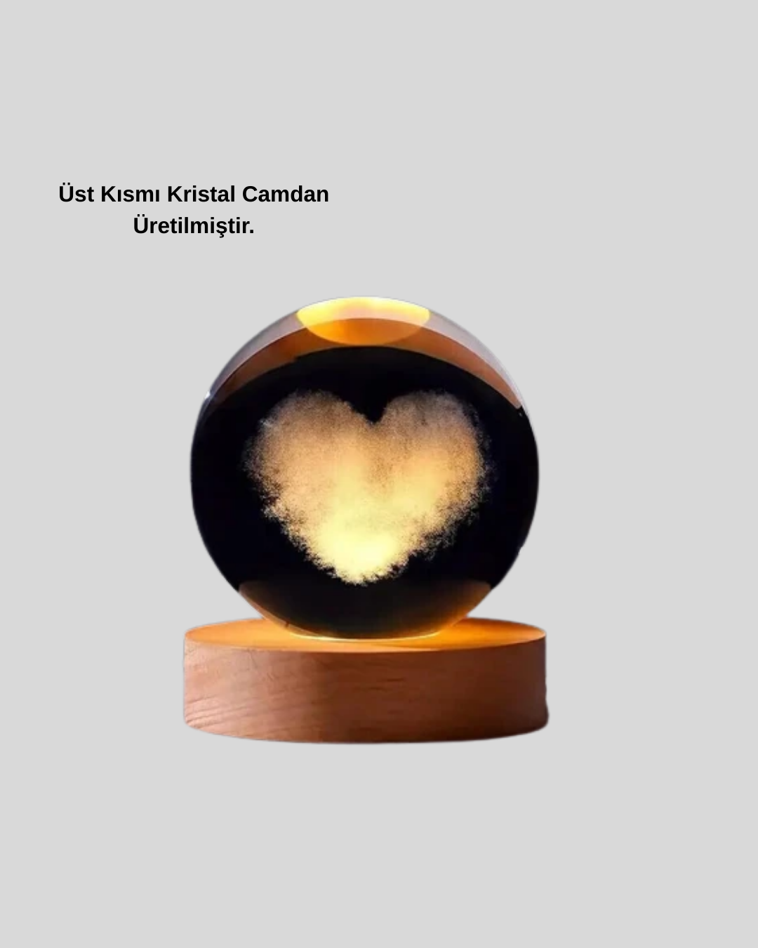 Ahşap Standlı Kalp Motifli Işıklı Cam Küre Hediye Seçeneği