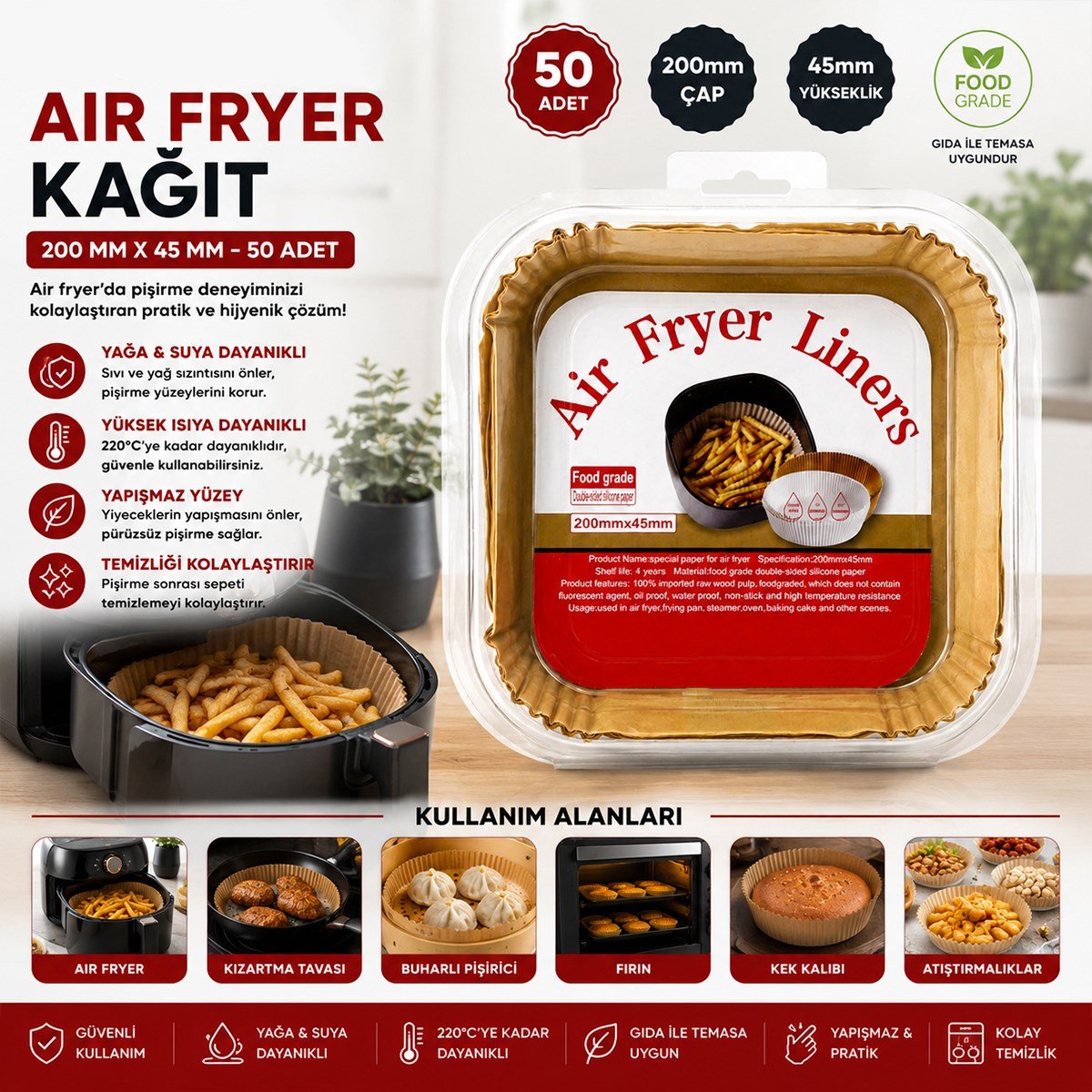 Air Fryer Kağıt Pişirme Kalıbı (Kare, Taban 20cm, Kenar 4.5cm) 50'li