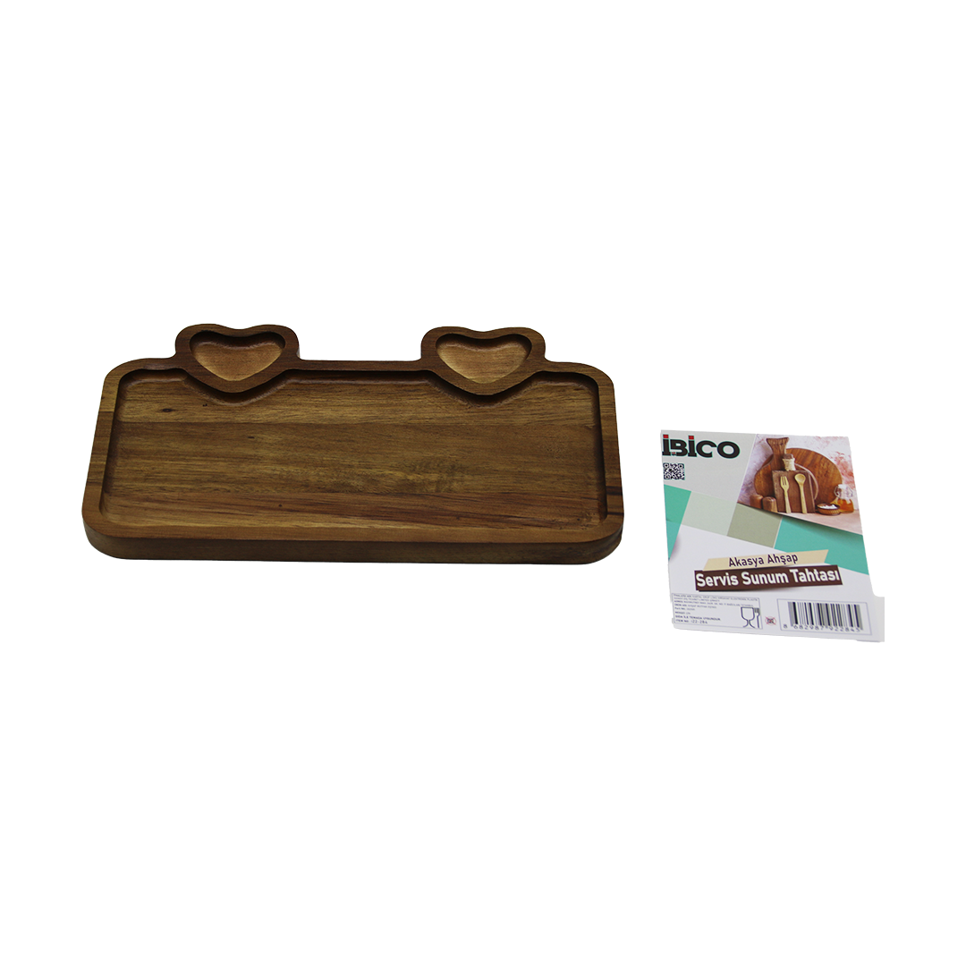 Akasya Ahşap Servis Tepsisi 25x14 cm (Kulplu, Kalp Bölmeli)