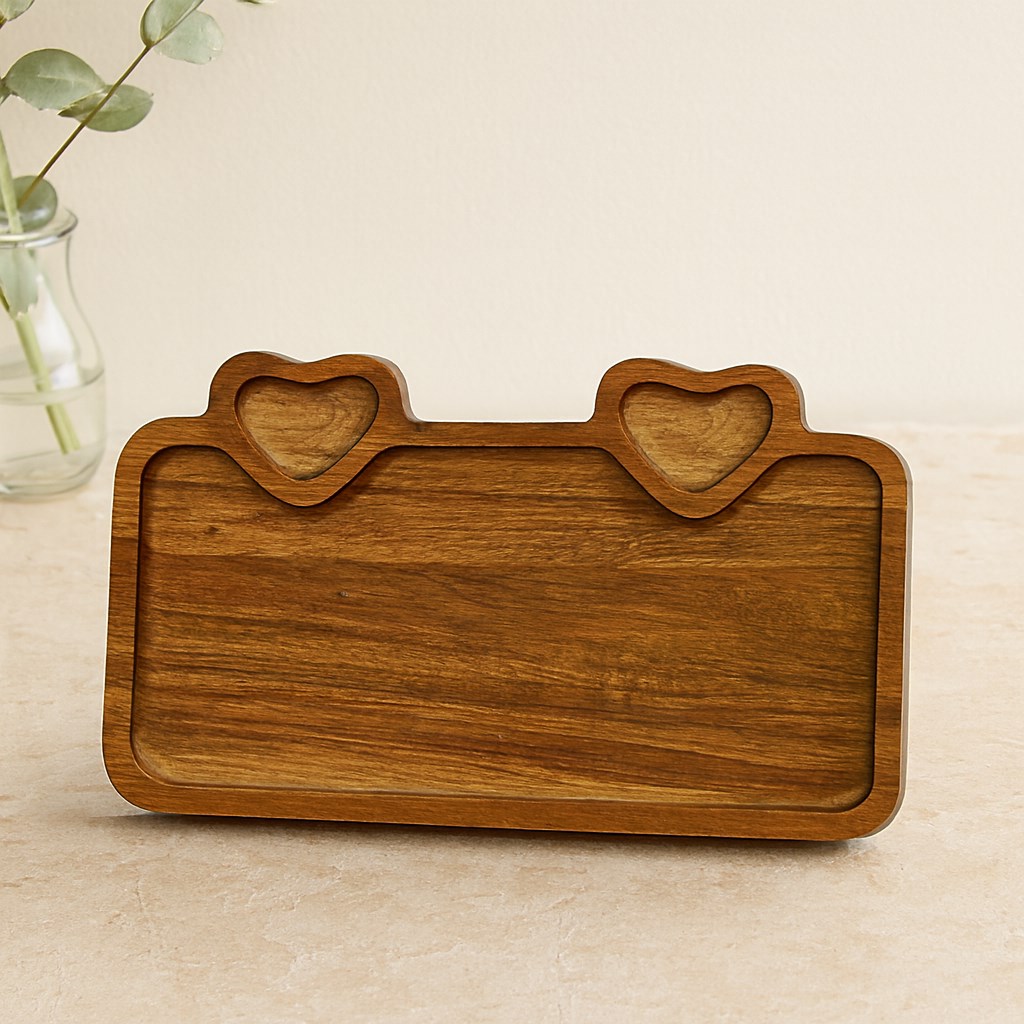 Akasya Ahşap Servis Tepsisi 25x14 cm (Kulplu, Kalp Bölmeli)