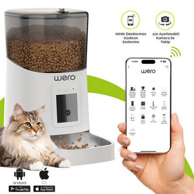 Akıllı Kedi Köpek Mama Kabı Pro 1080p Ayarlanabilir Kamera Wifi Kontrol Pet Feeder Metal Kase Beyaz 6 Lt