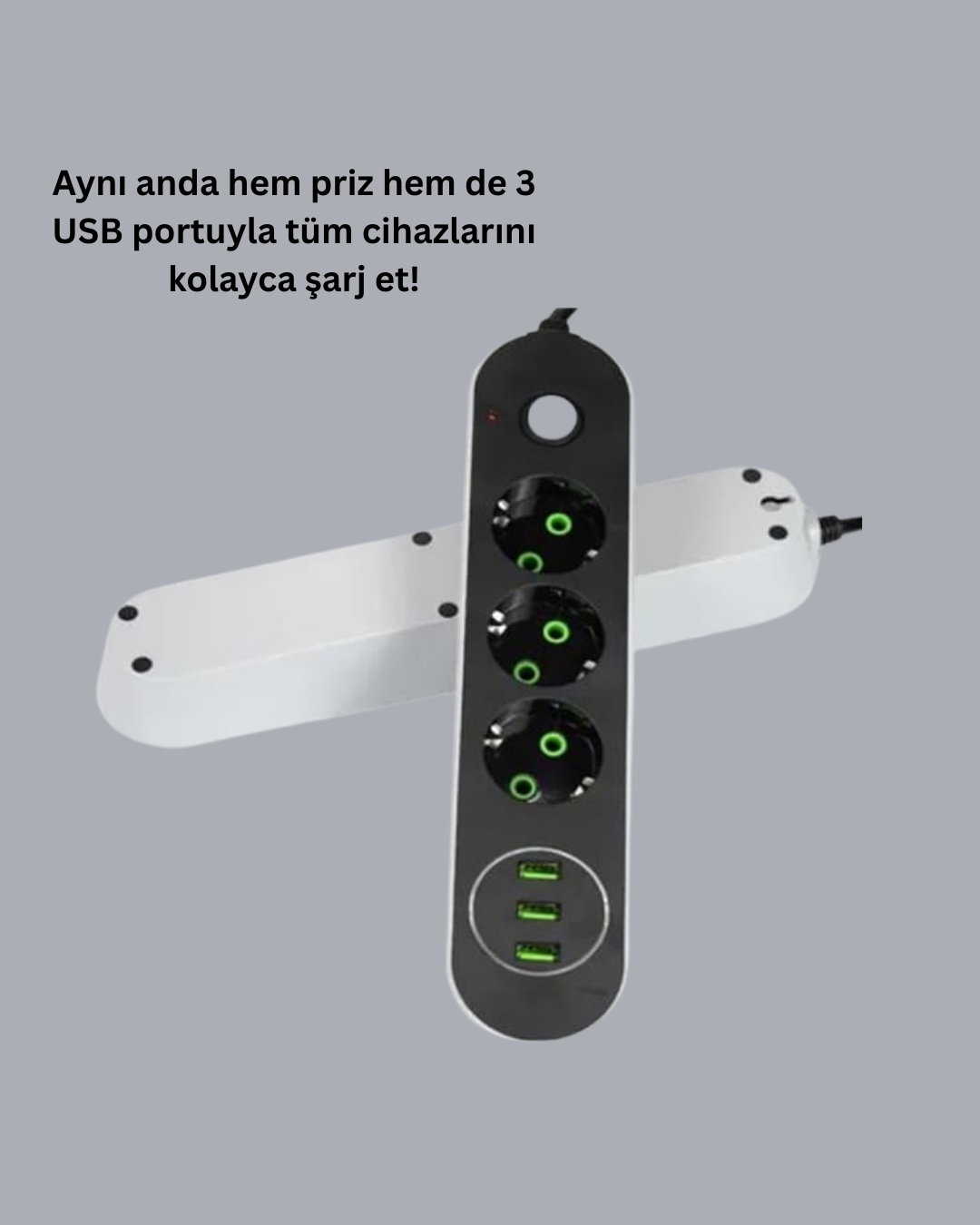 Akım Korumalı Anahtarlı USB Girişli Üçlü Priz