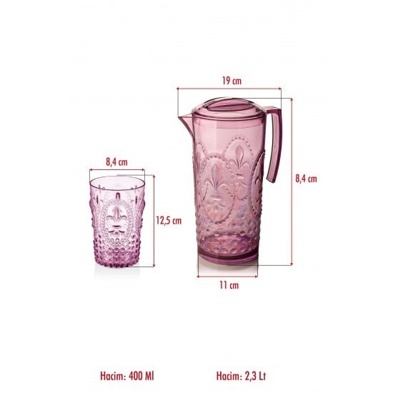 Akrilik Mürdüm Sürahi 2,3 lt Ve 6'lı & Su Meşrubat Kahve Yanı Bardağı 400 ml Seti