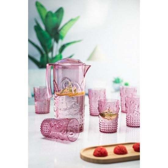 Akrilik Mürdüm Sürahi 2,3 lt Ve 6'lı & Su Meşrubat Kahve Yanı Bardağı 400 ml Seti