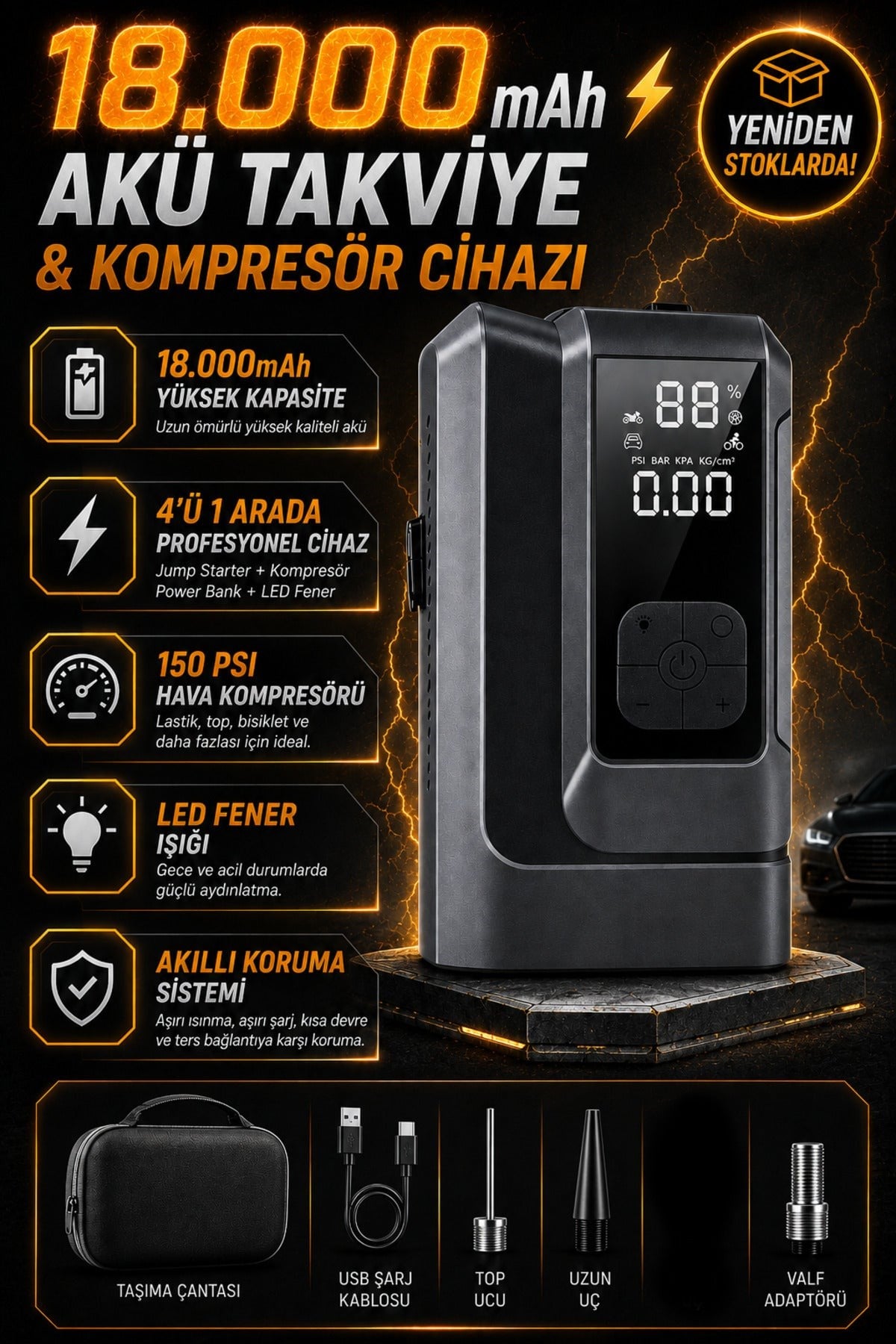 Akü Takviye + Hava Kompresörü (4'ü 1 Arada) 16000mAh