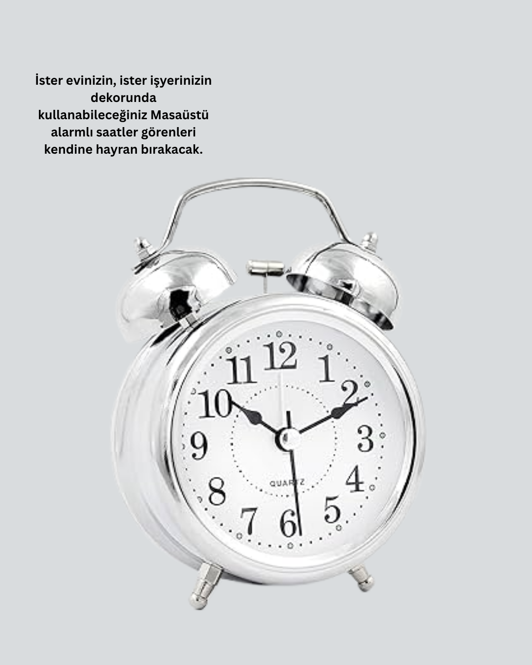 Alarmlı Dekoratif Yuvarlak Masa Saati Gümüş Renk Sessiz ve Işıklı