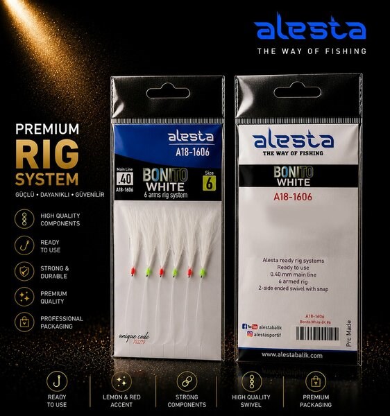 Alesta Bonito White Rig X0278 6 Kanca 0.40 Beden #6 Numara İğneli Beyaz Tüylü Palamut Çaparisi A18-1606