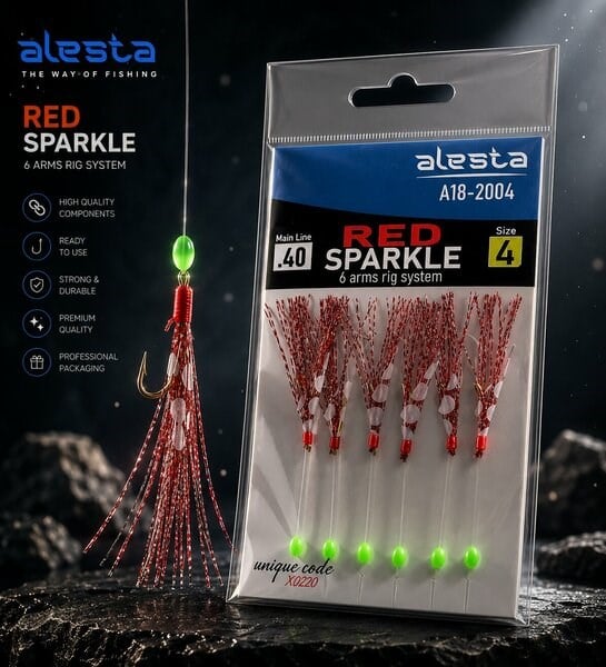 Alesta Red Sparkle Rig X0225 6 Kanca 0.35 Beden #6 Numara İğneli Kırmızı Simli Palamut Çaparisi A18-2006