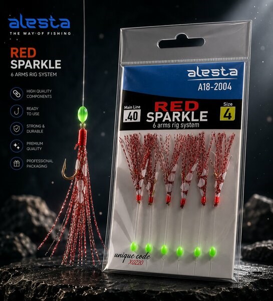 Alesta Red Sparkle Rig X0225 6 Kanca 0.40 Beden #4 Numara İğneli Kırmızı Simli Palamut Çaparisi A18-2004