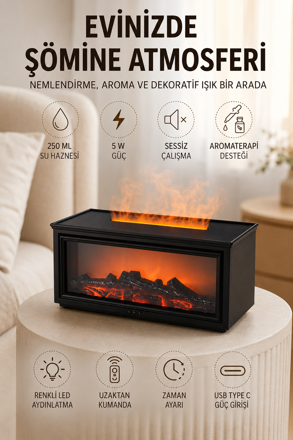 Alev Efektli Aroma Yayıcı Hava Nemlendirici Uzaktan Kumandalı Gece Lambası