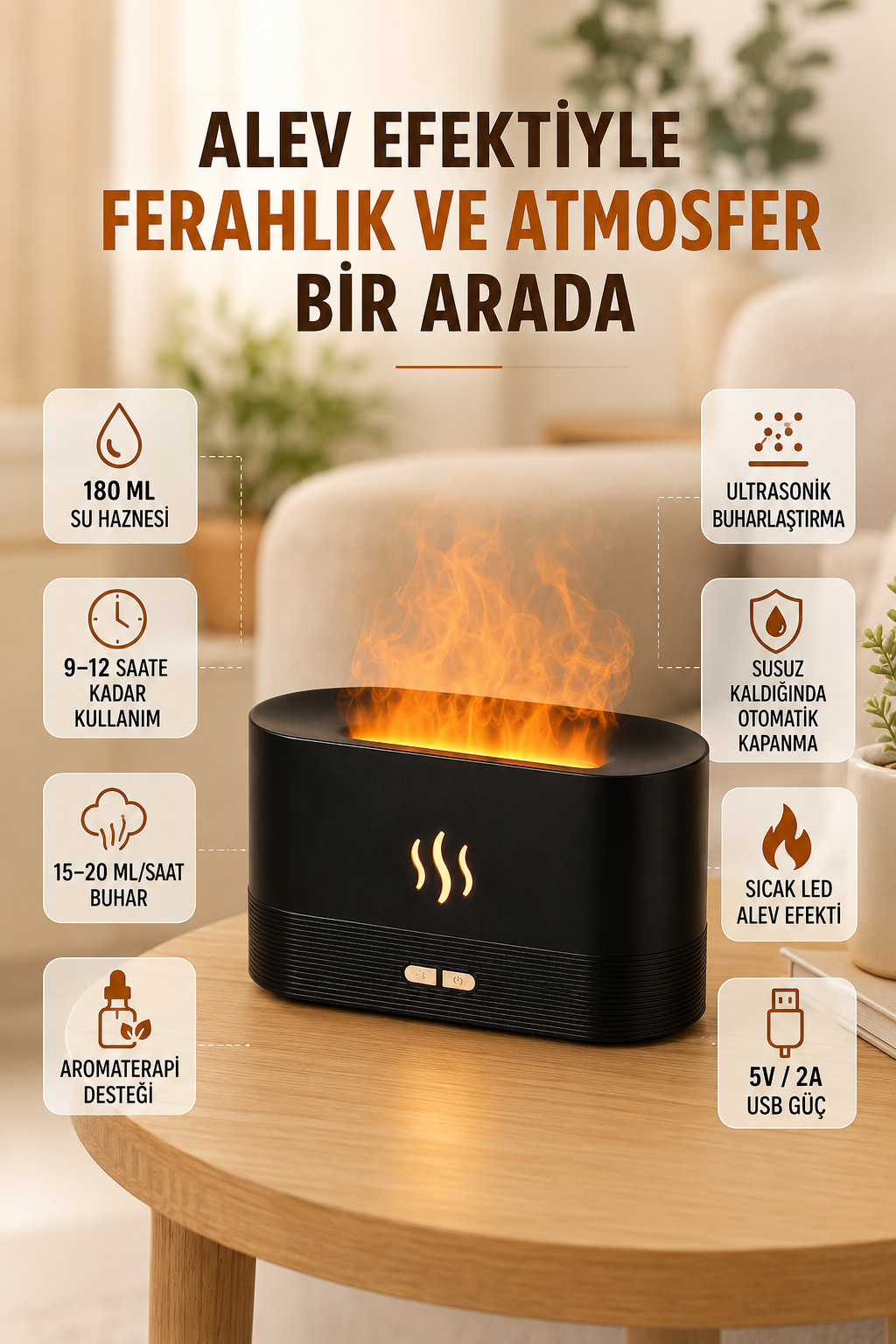 Alev Efektli Ultrasonik Aroma Difüzörü 180 ML LED Işıklı Hava Nemlendirici