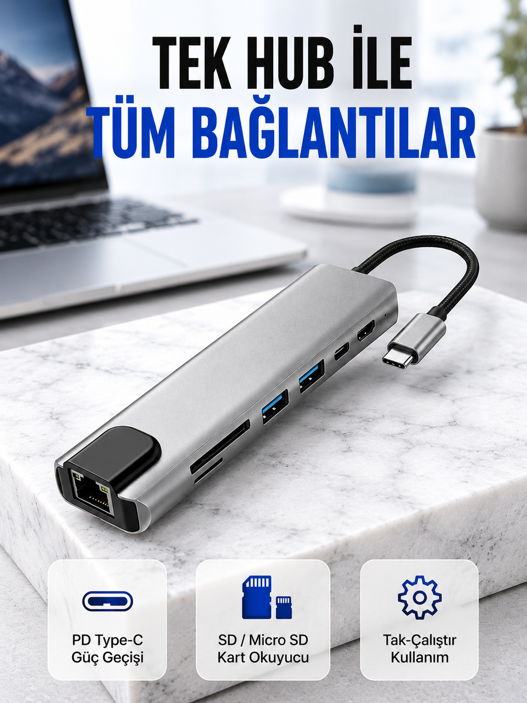 Alüminyum Gövdeli Type‑C HDMI & Ethernet Adaptör – Tak & Çalıştır