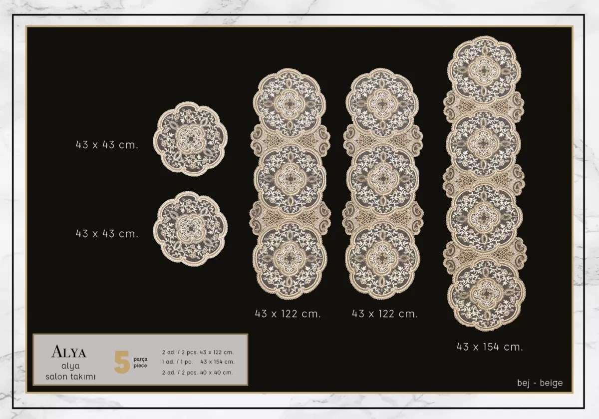 Alya Model No124 Gold 5 Parça Salon Takımı Dantelli Masa Örtüsü Runner Seti