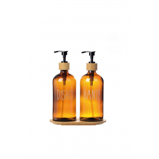 Amber Cam İkili Sıvı Sabunluk Seti 500 ml Bambu Altlıklı