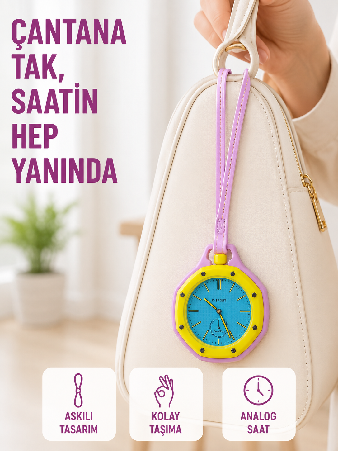 Anahtarlık Çanta Charmı Askılı Analog Dekoratif Saat Pembe