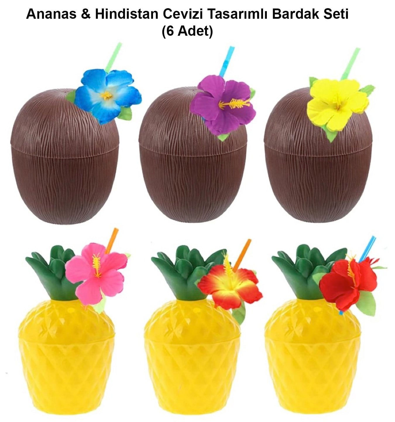 Ananas & Hindistan Cevizi Tasarımlı Pipetli Bardak Seti (6 Adet)