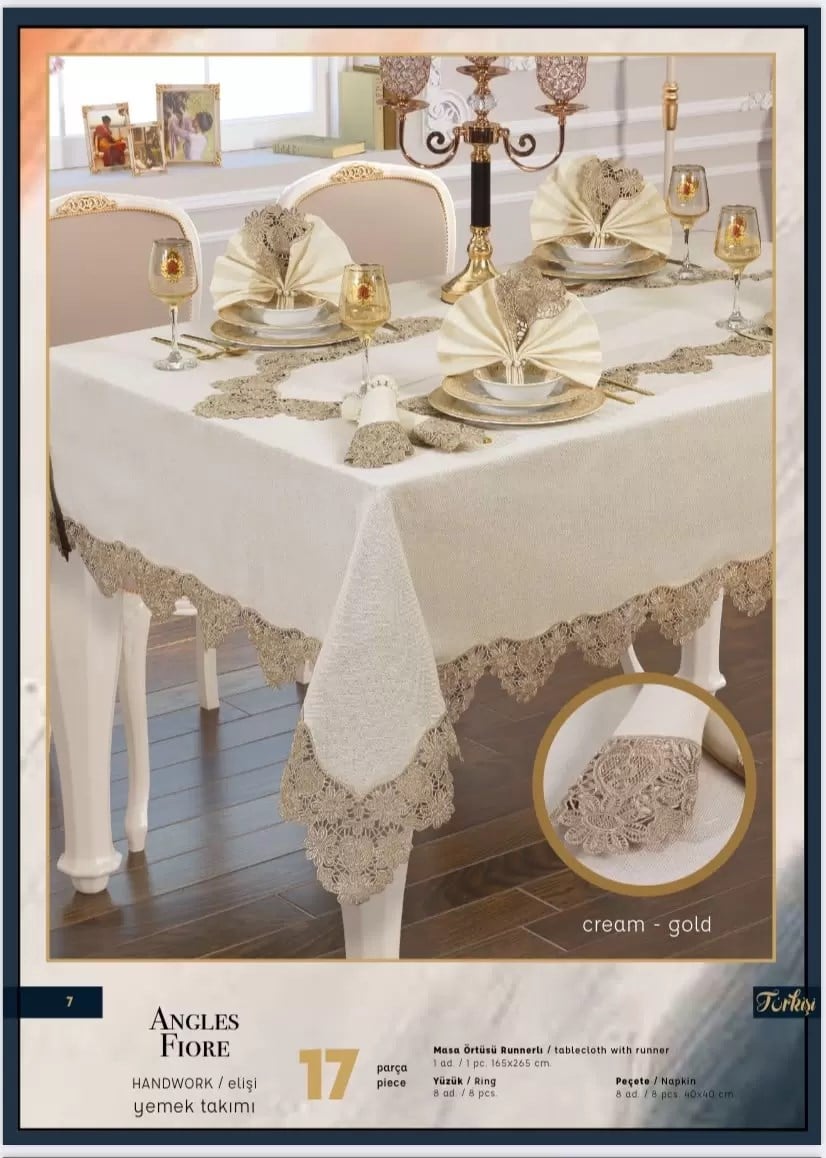 Angles Flora El İşi Yemek Takımı 17 Parça Masa Seti 8 Kişilik 165 × 265 cm Runner Set Krem-Gold