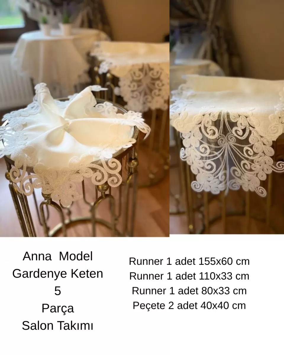 Anna Model Krem Keten Dantelli 5 Parça Salon Takımı Masa Örtüsü Runner Seti