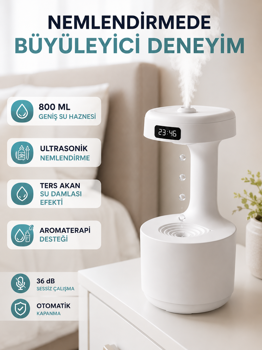 Anti Yerçekimi Su Damlası Hava Nemlendirici 800 ml Ultrasonik Aroma Difüzör
