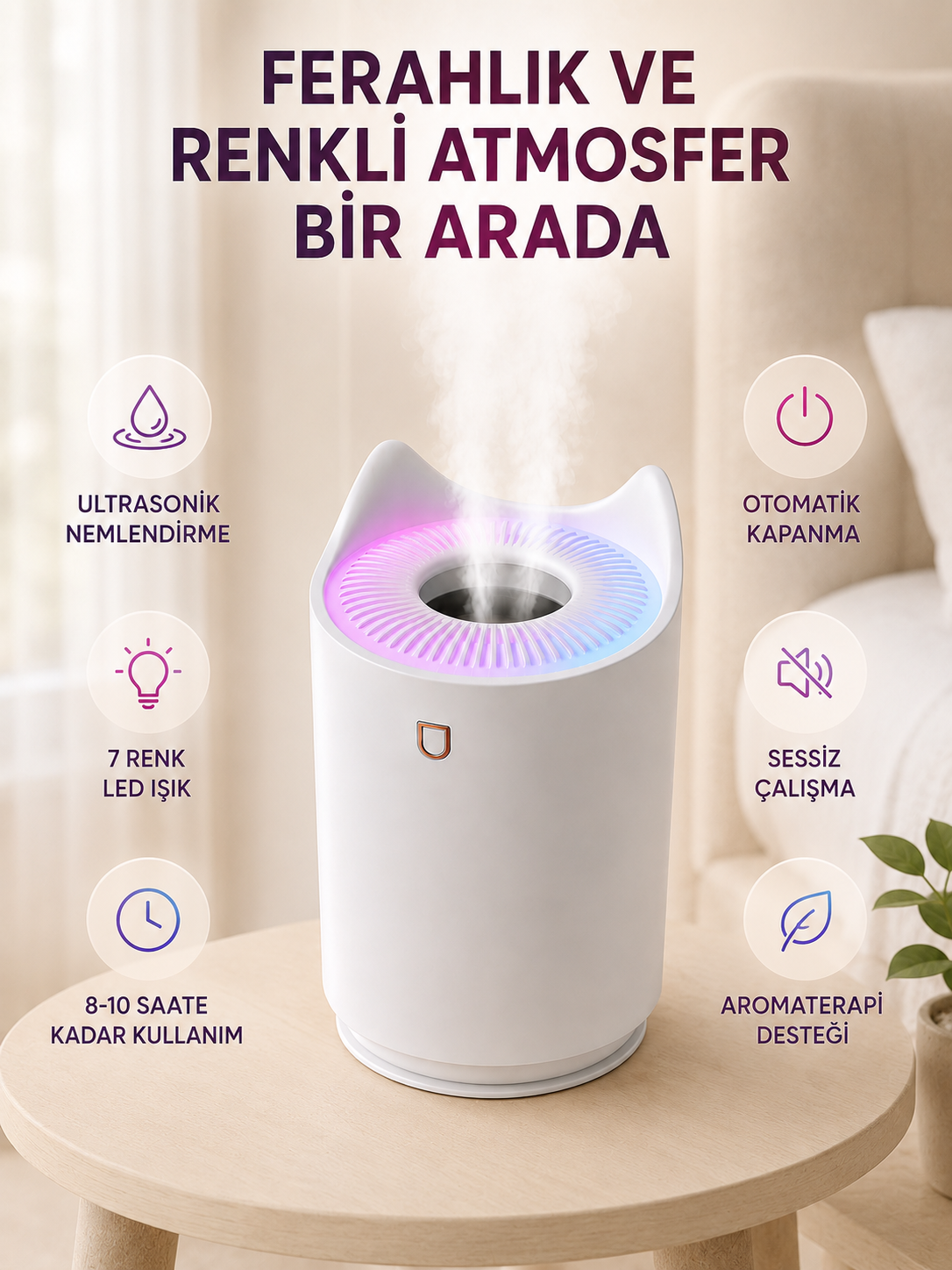 Aroma Difüzör Hava Nemlendirici Sessiz Çalışma LED Gece Lambası
