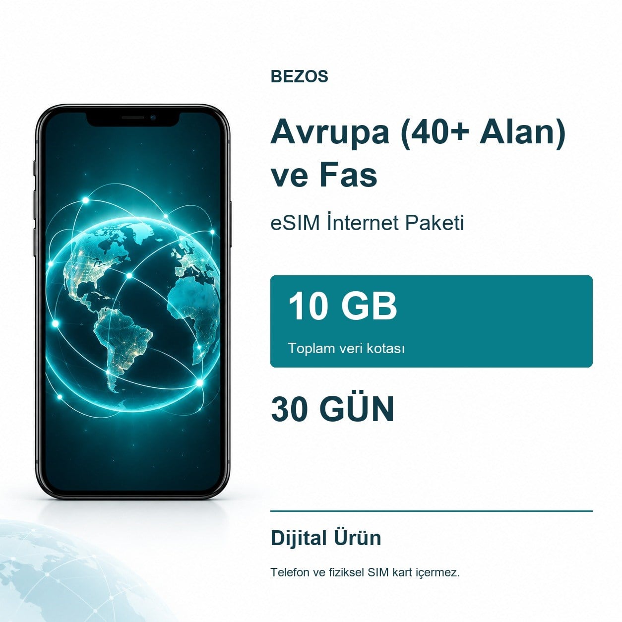 Avrupa (40+ Alan) ve Fas eSIM İnternet Paketi 10 GB 30 Gün
