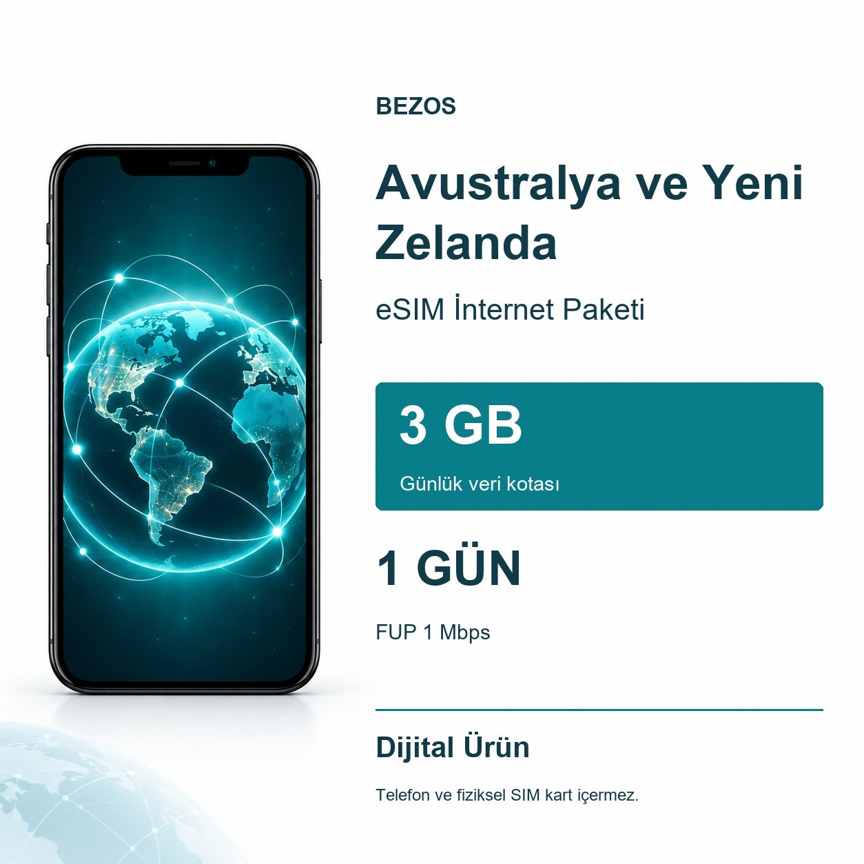 Avustralya ve Yeni Zelanda eSIM İnternet Paketi Günlük 3 GB 1 Gün - FUP 1 Mbps