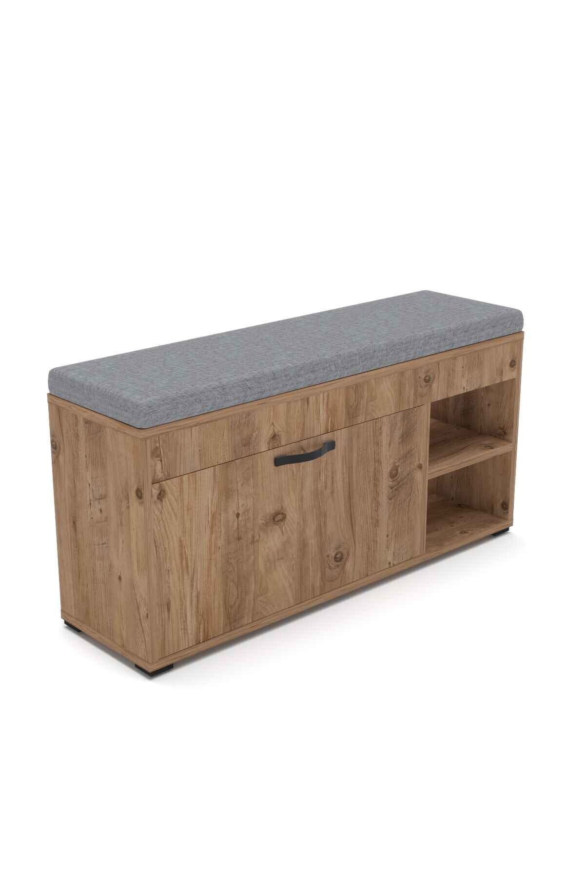 Ayakkabılık Minderli Bench Dolap Çok Amaçlı Raflı Puflu Oturaklı Ayakkabı Dolabı 192 Atlantik Çam