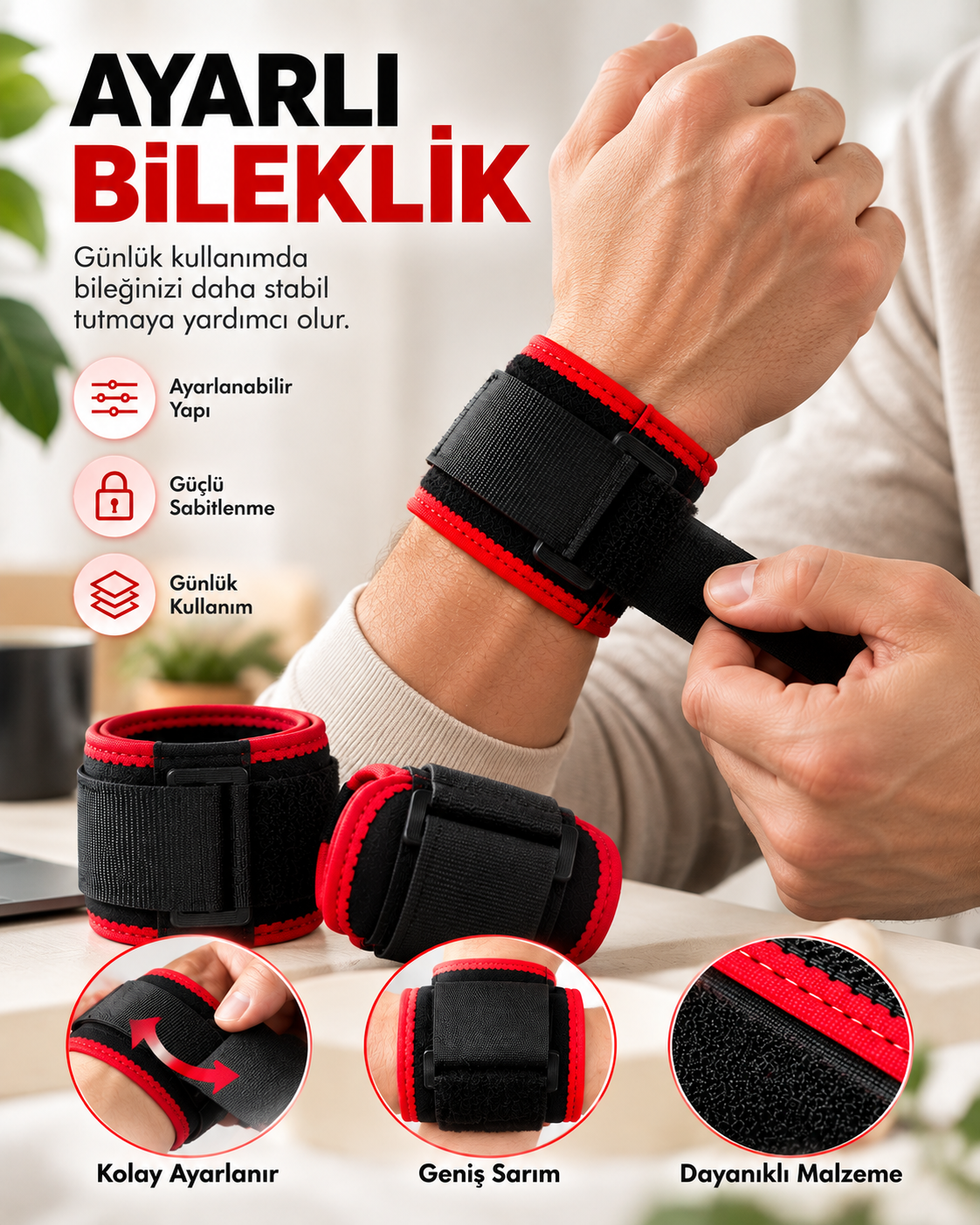 Ayarlanabilir Cırt Cırtlı Bileklik Günlük Kullanıma Uygun Rahat Bilek Desteği
