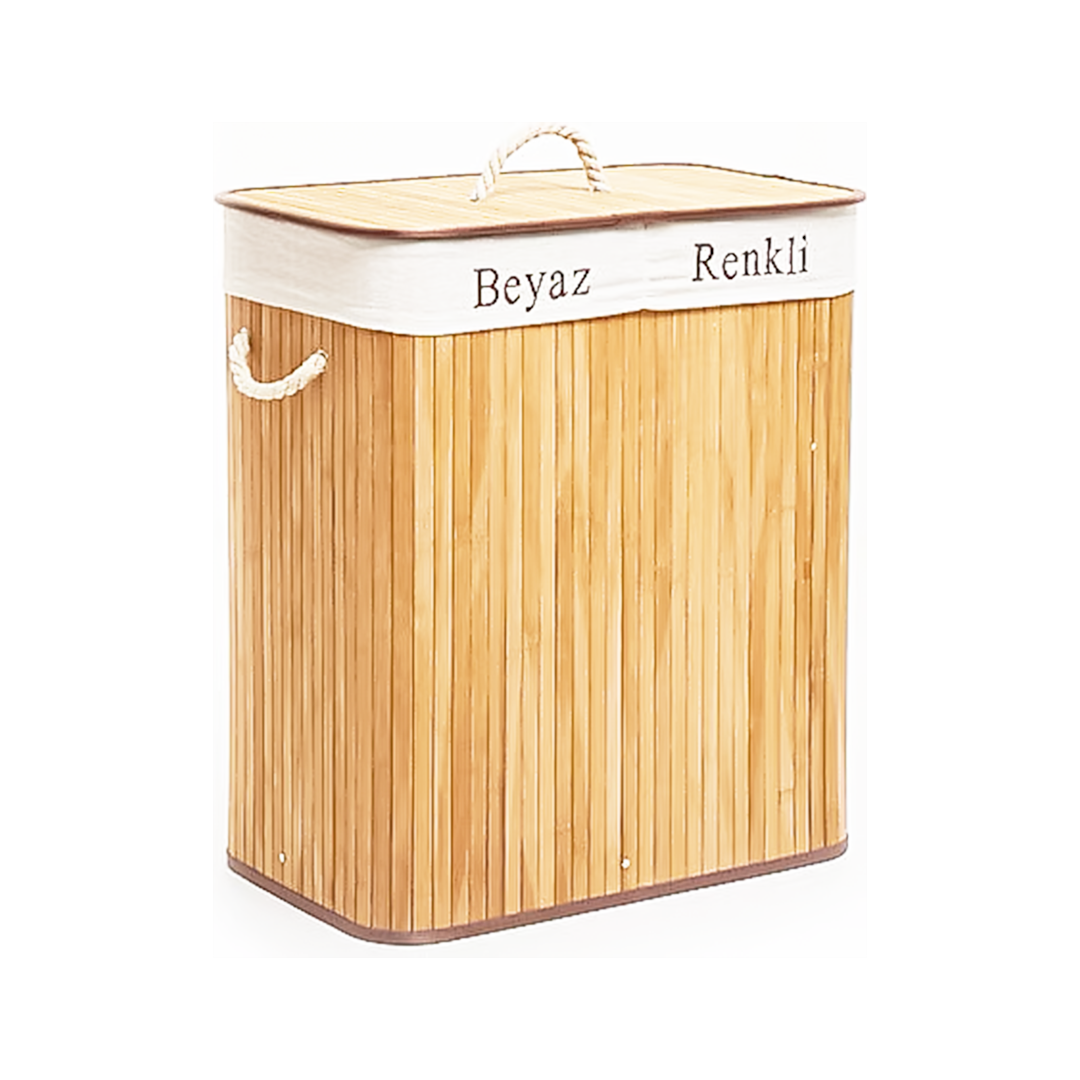 Bambu Ahşap 2 Bölmeli Çamaşır Sepeti 52x32x62 cm