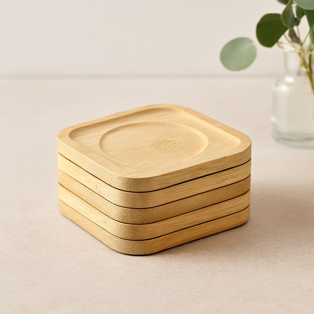 Bambu Ahşap Kare Çay Tabağı 9.7x9.7 cm - 6lı Set