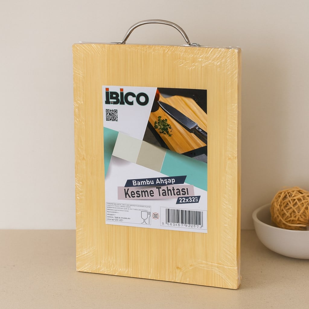 Bambu Ahşap Kesme Tahtası 22x32x1.7 cm (Metal Kulplu)